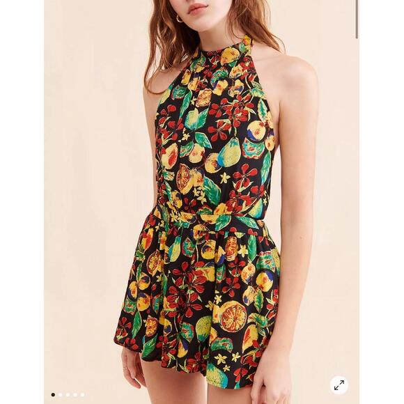 Free People Pants - Free People Coral Tides Romper Halter Tropical Fruit Print Open Back Boho XS NWT